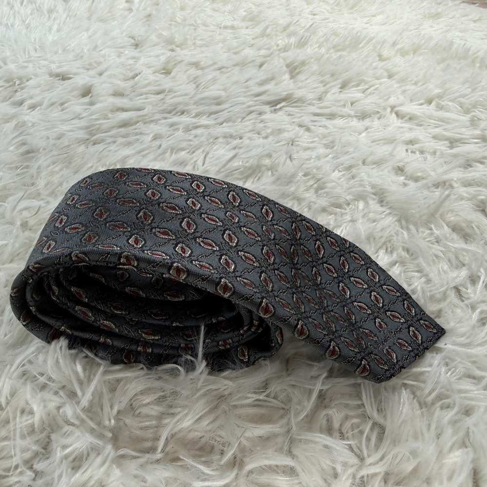 Oscar de la Renta Mens Silk Tie Gray Red Geometric Medallion Pattern Silk Tie - Picture 2 of 12